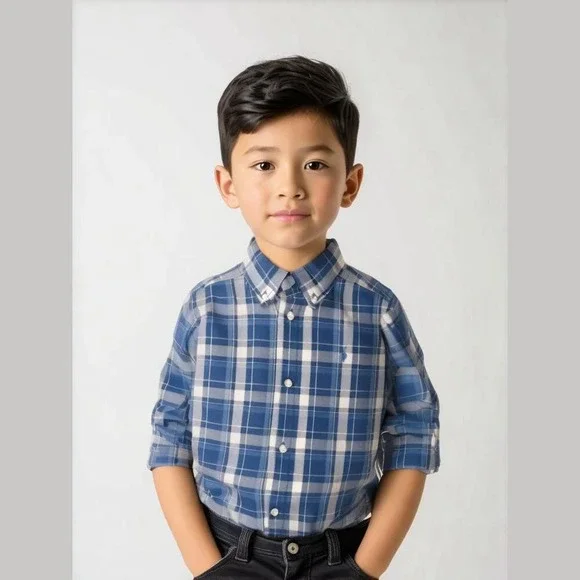 Ralph Lauren Boys Shirt Size 2 2T Long Sleeve Button Down Navy Blue Plaid Dress‎