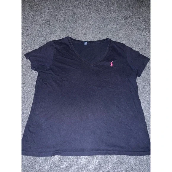 Ralph Lauren Kids XL 16 Navy Blue V-Neck Cotton T-Shirt Pink Pony Logo