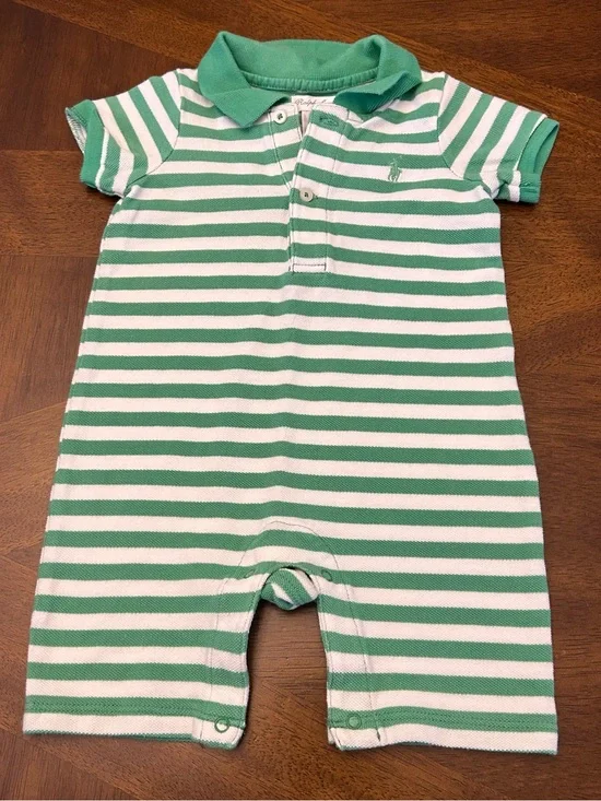 Ralph Lauren Green and White Striped Polo Romper