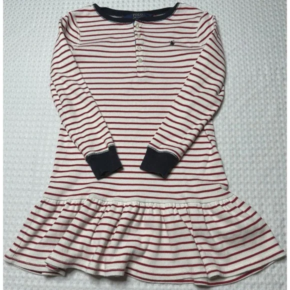 Girls POLO Ralph Lauren Henley Long Sleeve Striped Dress 6X Drop Waist Nautical