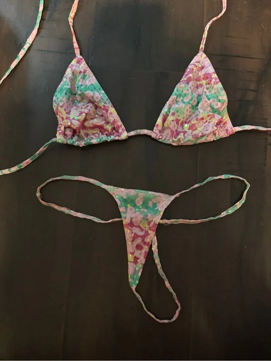 Vintage Y2K micro Sequin Triangle Bikini Pastel Pink & Green small festival rave