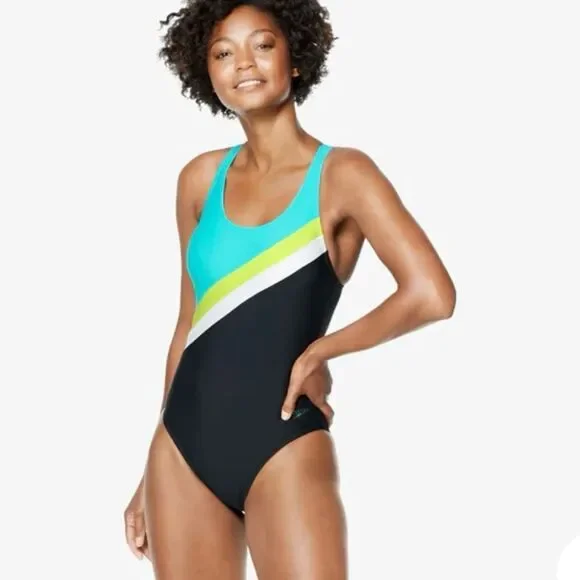 SPEEDO Women's Size 6 Active Diagonal Colorblock One Piece Swimsuit black green‎