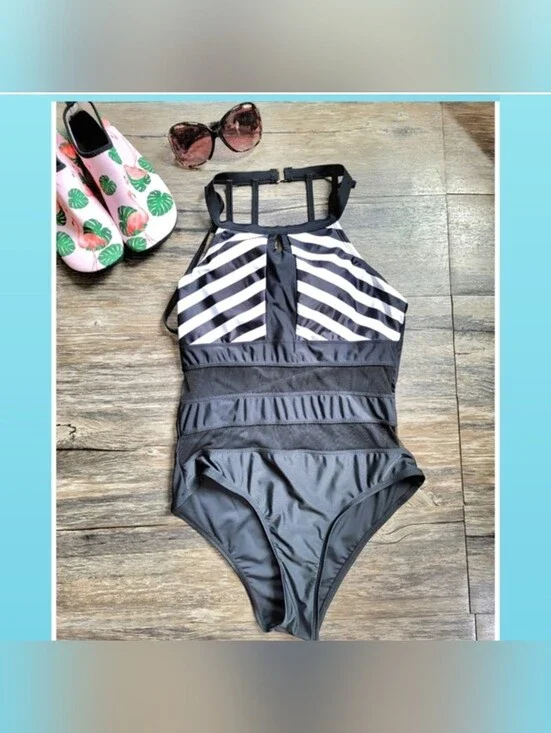Black & White Mesh One Piece Swimsuit Size Women's L