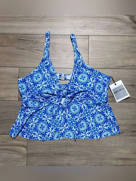 Hanna Nikole Womens Cutout Peplum Mosaic Print‎ Swim Top Size 24W Blue White