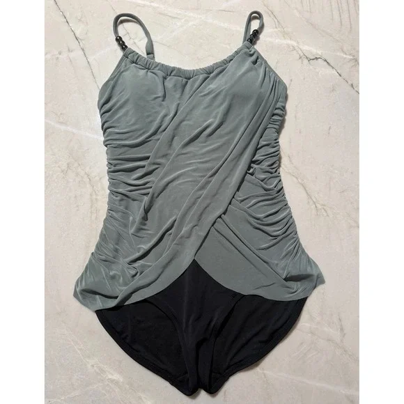 Magicsuit Crossover Shirred Swimdress Draped One Piece Swimsuit Sage Black 12