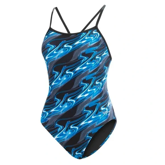 Dolfin‎ Womens One Piece Swimsuit Size 36 Blue Flame Swirl Athletic Training