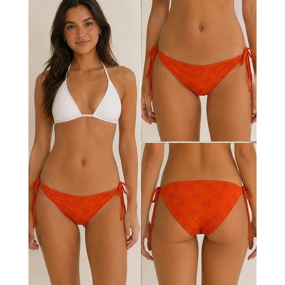 Shade & Shore Orange Embroidered Palm Tree Side Tie Bikini Bottoms Medium NEW