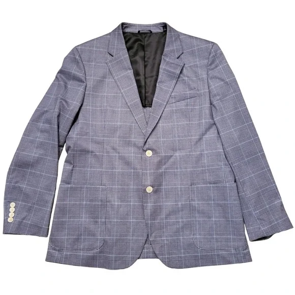 Michael Strahan L Blazer Blue Grey Glen Plaid‎ Stretch Modern Sport Coat Jacket