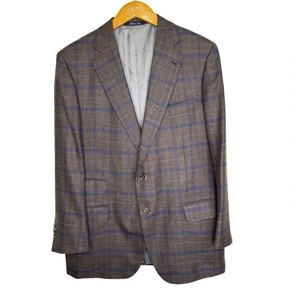 Sartoria Castangia Brown‎ Plaid 2 Button Blazer Wool/Silk/Linen 46 Brown/Blue