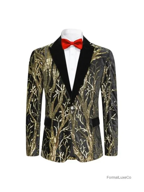 Men's Sequin Blazer Slim Fit Velvet Tuxedo Sport Coat with Peak Lapel for