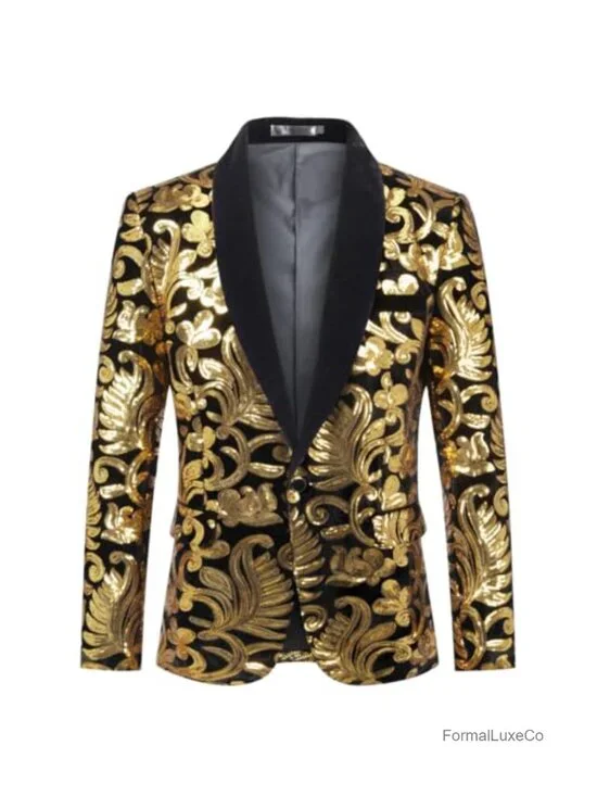 Men's Velvet Sequin Blazer Slim Fit Shawl Collar 1-Button Tuxedo Jacket Party