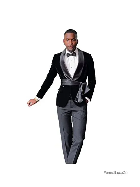 New Men Velvet Shawl Lapel Slim Fit Suit Tuxedo Blazer Satin Belt Pants