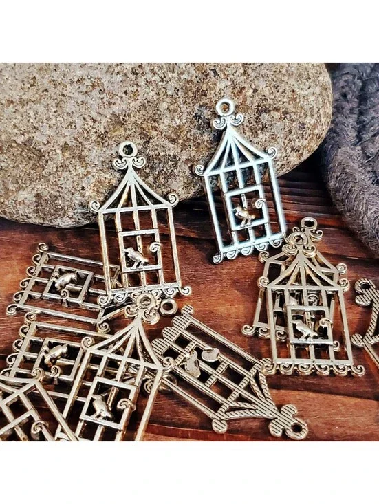 Antique Silver Pewter Art Deco Nouveau Bird & Cage Pendants 29x18mm 10 pcs