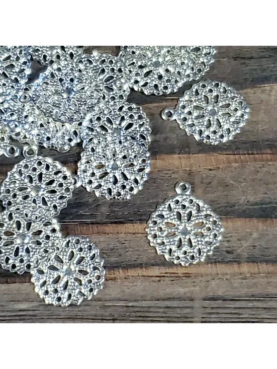 Byzantine Style Silver Plated Filigree Charms Lightweight Stamped Brass 10 pcs