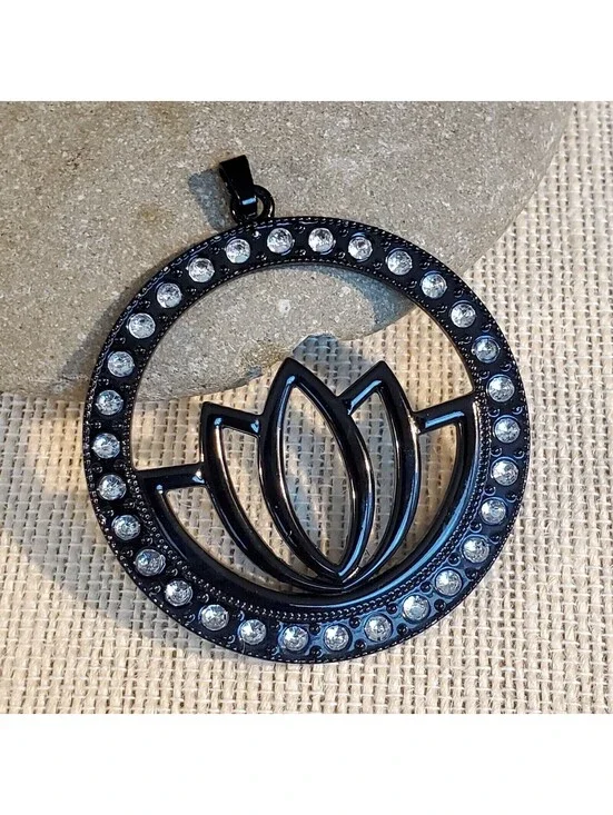 Art Deco Black Lacquer Lotus Flower Yoga Zen Large 63x54mm Crystal Pendant