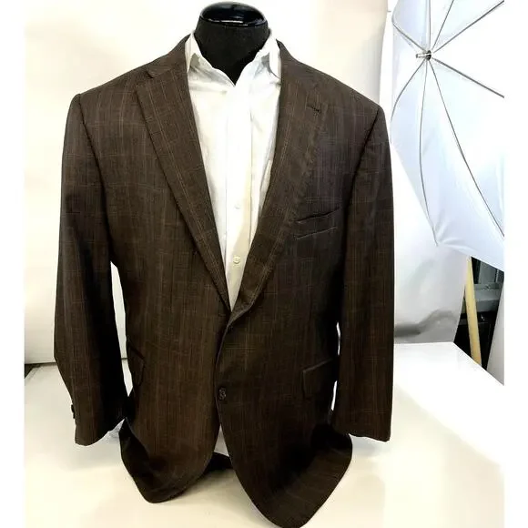 Peter Millar Men's Blazer‎ Sport Coat Jacket Brown Plaid Glen Check Wool 48