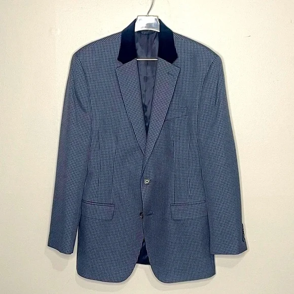 Lauren Ralph lauren Gray Blue Plaid Sports Coat 40R Blue Velvet Collar 2 Button‎