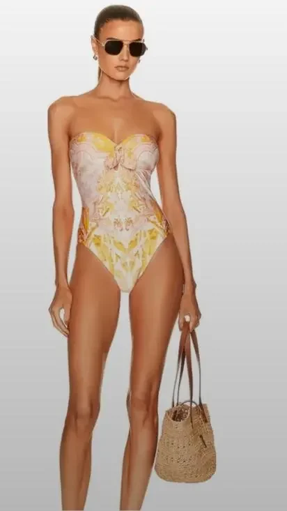 NWT Zimmermann Lyre Strapless Romantic One Piece Swimsuit Tie Front AU10, US 4-6