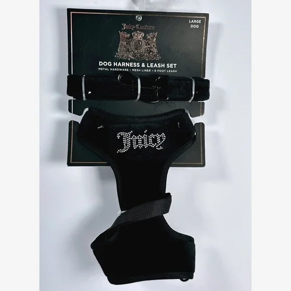 Juicy Couture Black Velvet Rhinestone Dog Harness‎ & Leash Set Large Dog New