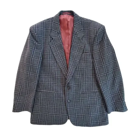 Classic Atlas Men's Size 42R Gray Blue Plaid Pure‎ Lambswool Coat Blazer Jacket