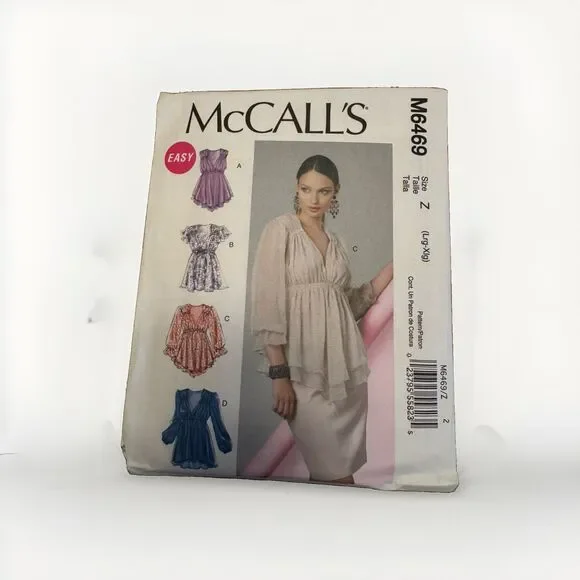 McCalls 6469 Blouse Tops Shirts Ruffles Misses Easy Sewing Pattern Sizes L XL