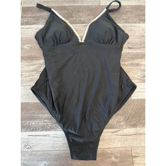 Kona Sol Black One Piece Swimsuit White Trim‎ Sz L Women's