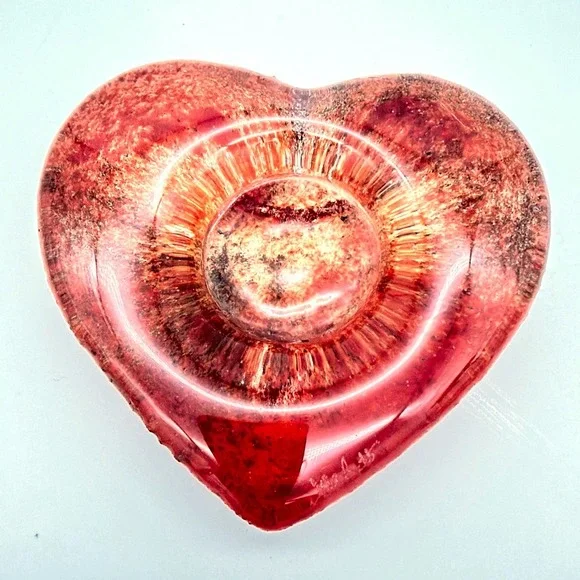 Art Glass Heart Paperweight Red Orange Swirled Mottled Maka 78