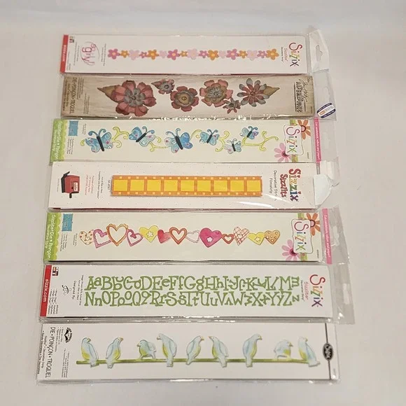 Sizzix Sizzlits Decorative Strip Die Lot 7pc Butterflies Hearts Birds Alphabet