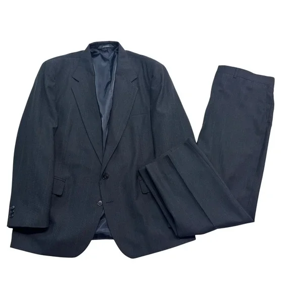 vtg 90s Haggar 46R 38x29 Charcoal Stripe 2pc Pant Suit Wool Blend USA Flat Front