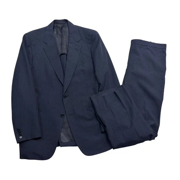 vtg Hickey Freeman 44R 36x30 Navy Blue Pinstripe 2pc Pant Suit USA Wool Classic