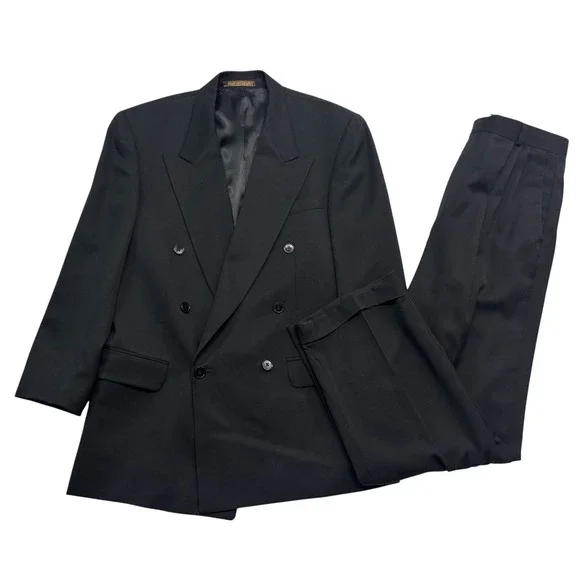 vtg 90s Black Double Breasted 38S 34x30 2pc Pant Suit Wool Pleated Cuffed