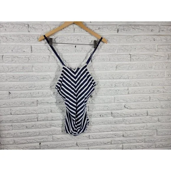 Liz Claiborne XL Womens Blue Stripe Swim Top Spaghetti Strap Built In Bra BLU6E