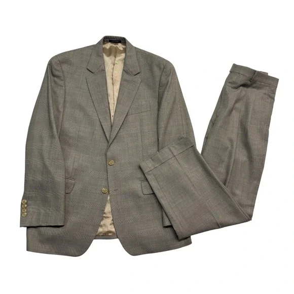 Ralph Lauren 40R 34x30 Taupe Glen Plaid 2pc Pant Suit Wool Pleated Cuffed
