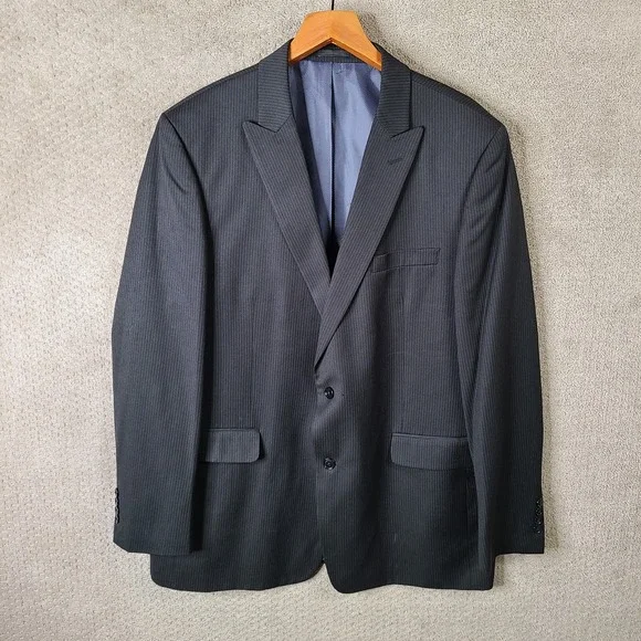 Andrew Fezza Jacket Mens 48L Black Striped Blazer Poly Wool Blend 2 Button Peaks
