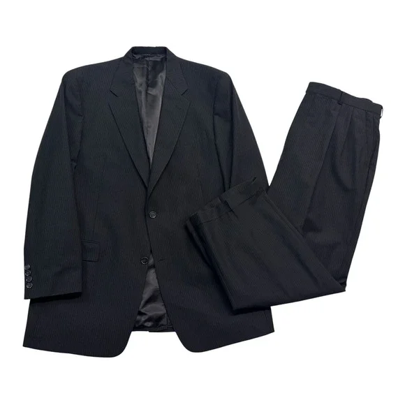 vtg 90s Hart Schaffner Marx 44L 38x30 Black Pinstripe 2pc Pant Suit Pleated USA