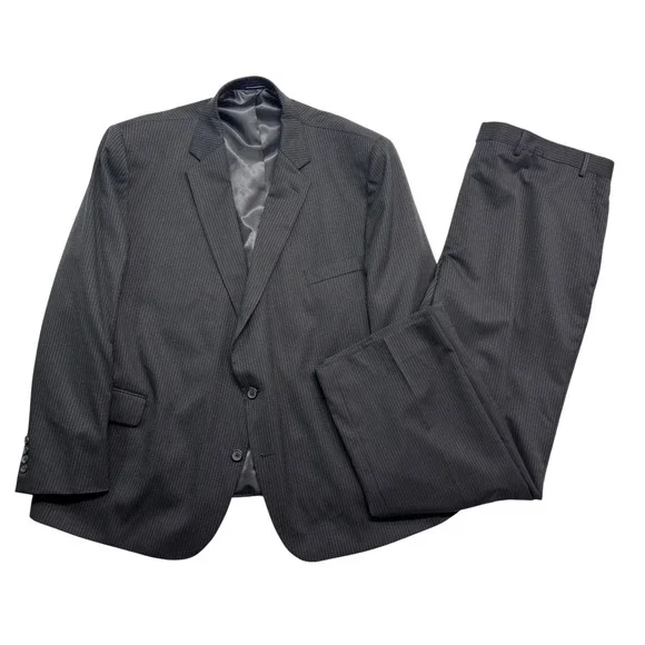 Stafford 52R 44x30 Black Pinstripe 2pc Pant Suit 100% Wool Classic Fit Mens