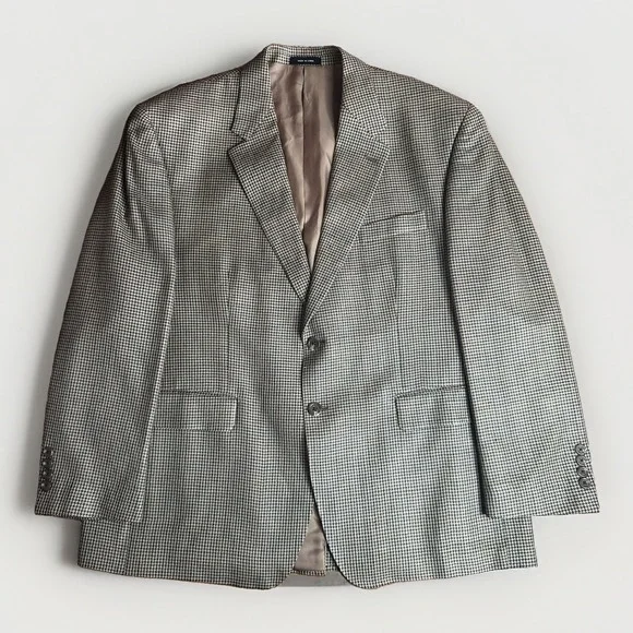 Chaps Blazer Sport Coat Jacket Mens 44S Tan Houndstooth 100% Silk Business Prep