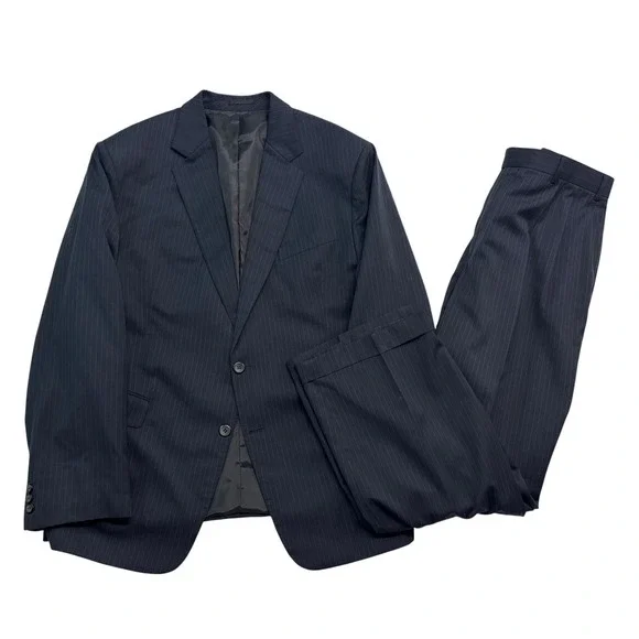 Bespoke 46R 37x31 Navy Blue Pinstripe All Season Wool 2pc Pant Suit Pleated