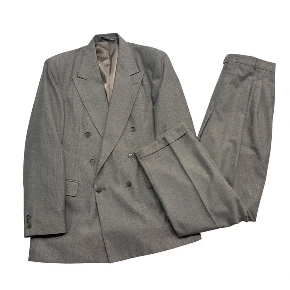 vtg Haggar 40L 34x32 Gray Graph Check Double Breasted 2pc Pant Suit USA Pleated
