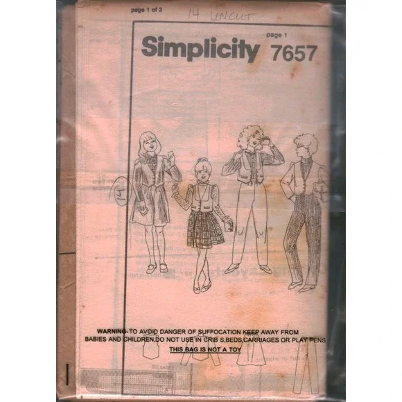 Simplicity 7657 Vintage 80s Kids Sewing Pattern Vest Jacket Pants Skirt Uncut 14