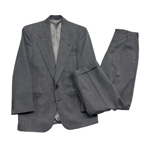 vtg 90s Perry Ellis 36S 29x28 Gray Plaid 2pc Pant Suit Wool Pleated Cuffed USA