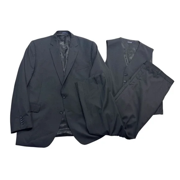Stafford 50L 44x32 Black 3pc Pant Suit Wool All Season Flat Front Classic Fit