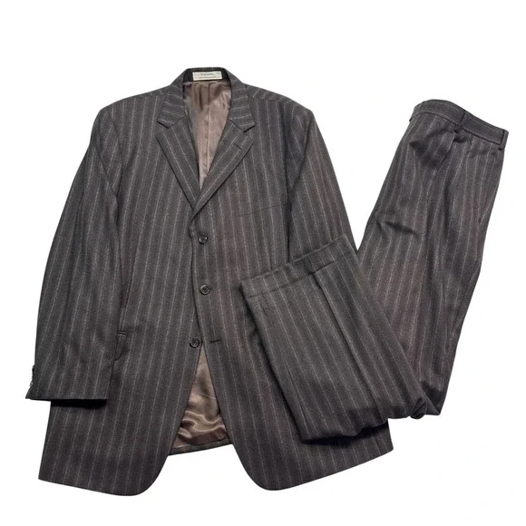 John W Nordstrom 46L 40x32 Brown Stripe Pant Suit Flannel Wool Italian Fabric