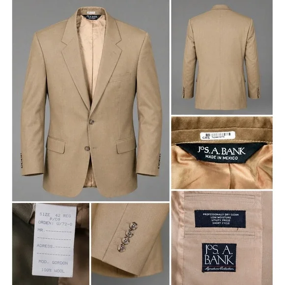 Jos. A. Bank Blazer Mens 42 Regular Tan Excellent 100% Wool Signature Collection
