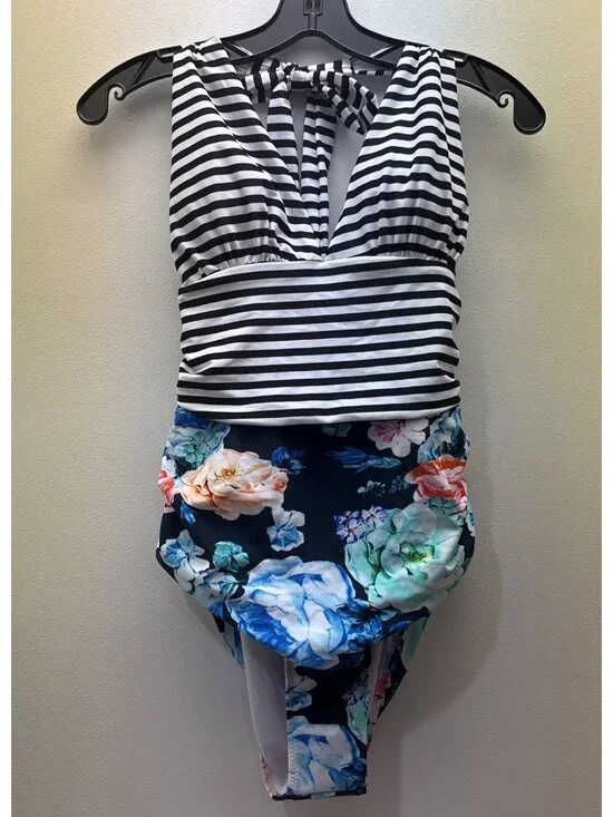 CUPSHE One Piece Halter Top Floral/Stripes Swim Suit NWT