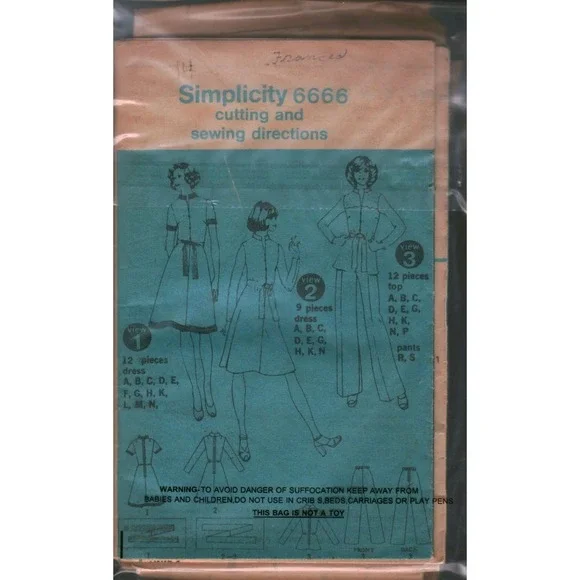 Vintage Simplicity 6666 Sewing Pattern Dress Top Pants Retro 70s DIY Fashion