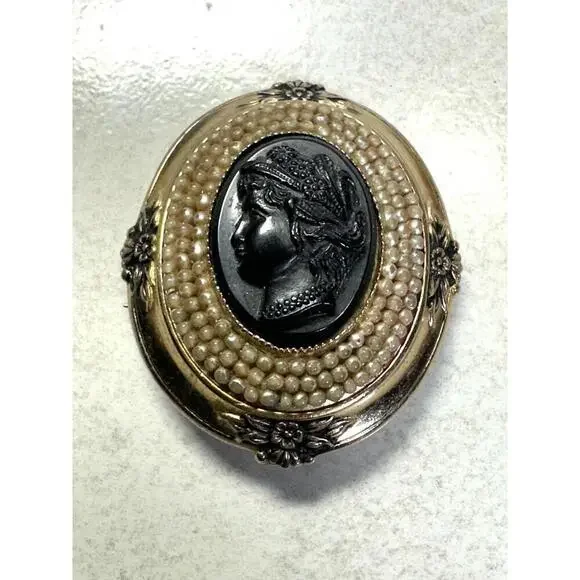 Coro Gold Tone Cameo Brooch Faux Pearl Victorian Revival Pin