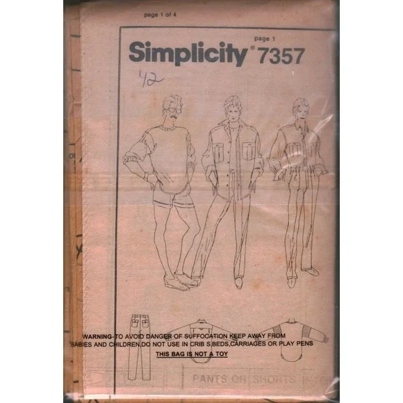 Vintage Simplicity 7357 Mens Sewing Pattern Shirt Sweatshirt Pants Shorts Sz 42
