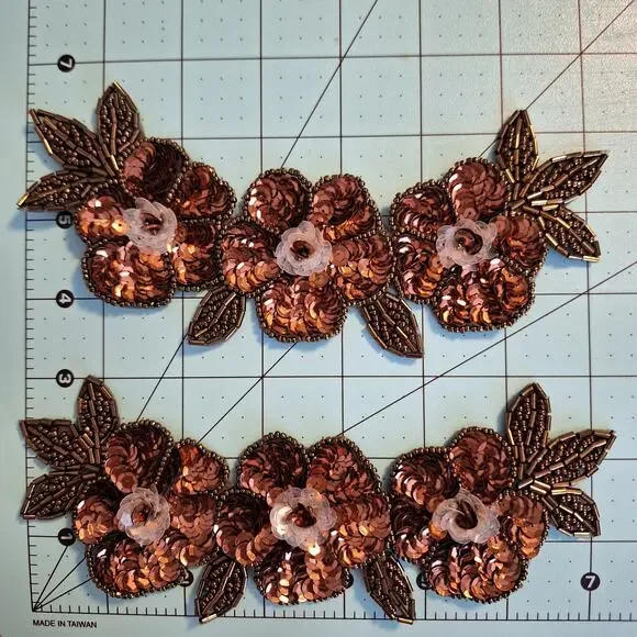 Bronze and clear iridescent sequin and bead triple flower applique set of 2