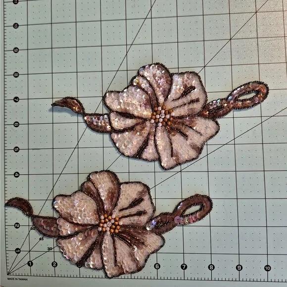 Bronze and clear iridescent sequin and bead flower applique set of 2
